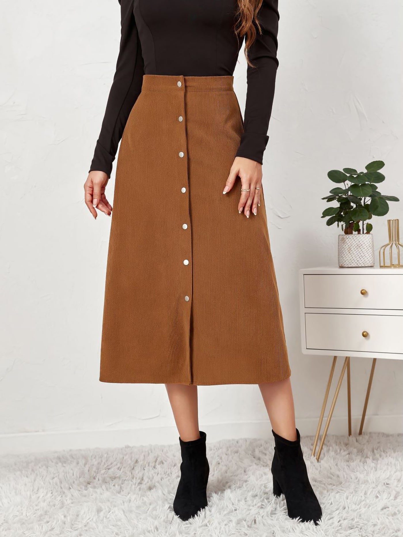 Allegra K Corduroy Buttoned Split Solid Color A-Line Midi Skirt