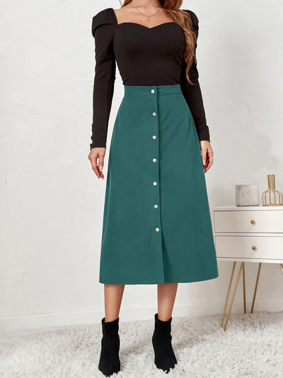 Corduroy Buttoned Split Solid Color A-Line Midi Skirt