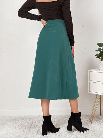 Corduroy Buttoned Split Solid Color A-Line Midi Skirt