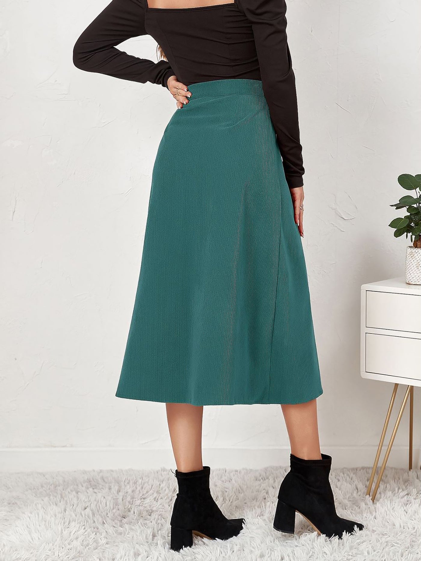 Allegra K Corduroy Buttoned Split Solid Color A-Line Midi Skirt