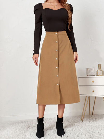 Corduroy Buttoned Split Solid Color A-Line Midi Skirt