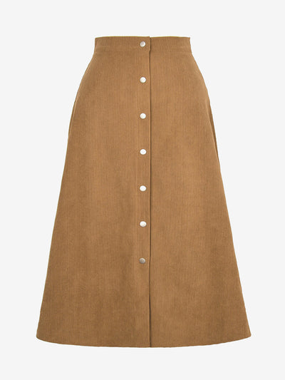 Corduroy Buttoned Split Solid Color A-Line Midi Skirt