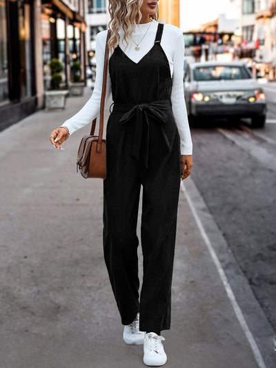 Corduroy Solid Color Belted Lace-Up Overalls Jumpsuits