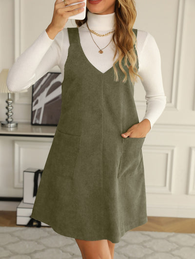 Solid Color Corduroy Pocketed Overalls Pinafore Dress