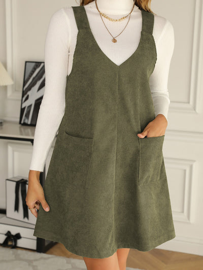 Solid Color Corduroy Pocketed Overalls Pinafore Dress