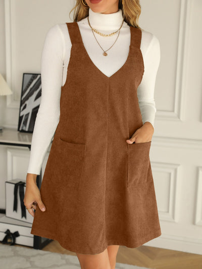 Solid Color Corduroy Pocketed Overalls Pinafore Dress