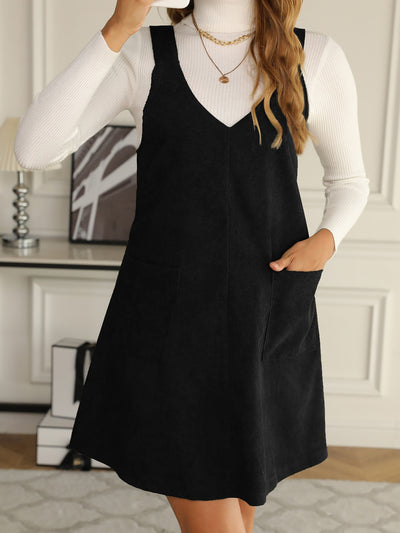 Solid Color Corduroy Pocketed Overalls Pinafore Dress