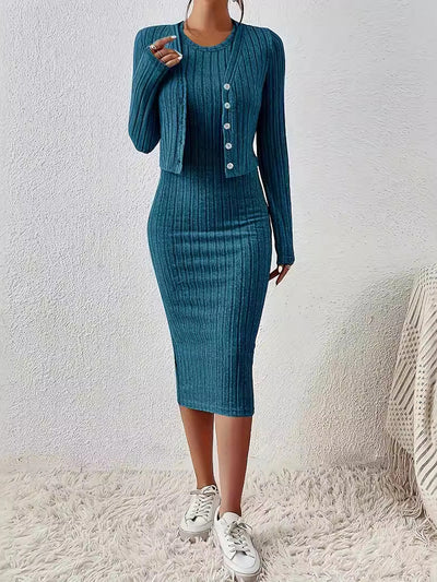 Allegra K 2 Pieces Sleeveless Bodycon Midi Sweater Dress & Long Sleeves Cropped Cardigan Sets