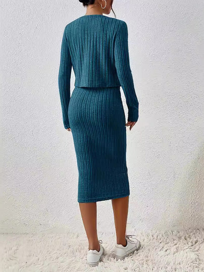 2 Pieces Sleeveless Bodycon Midi Sweater Dress & Long Sleeves Cropped Cardigan Sets