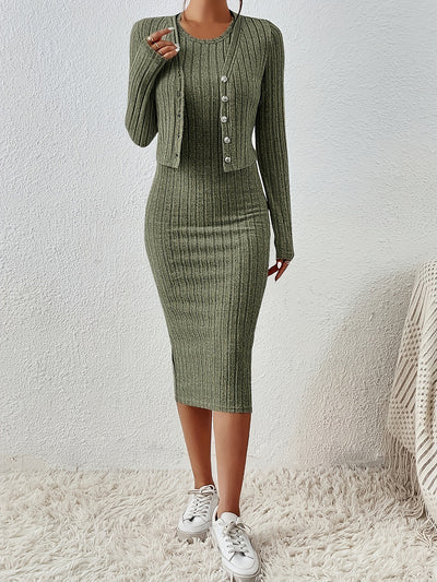 2 Pieces Sleeveless Bodycon Midi Sweater Dress & Long Sleeves Cropped Cardigan Sets