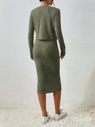 2 Pieces Sleeveless Bodycon Midi Sweater Dress & Long Sleeves Cropped Cardigan Sets