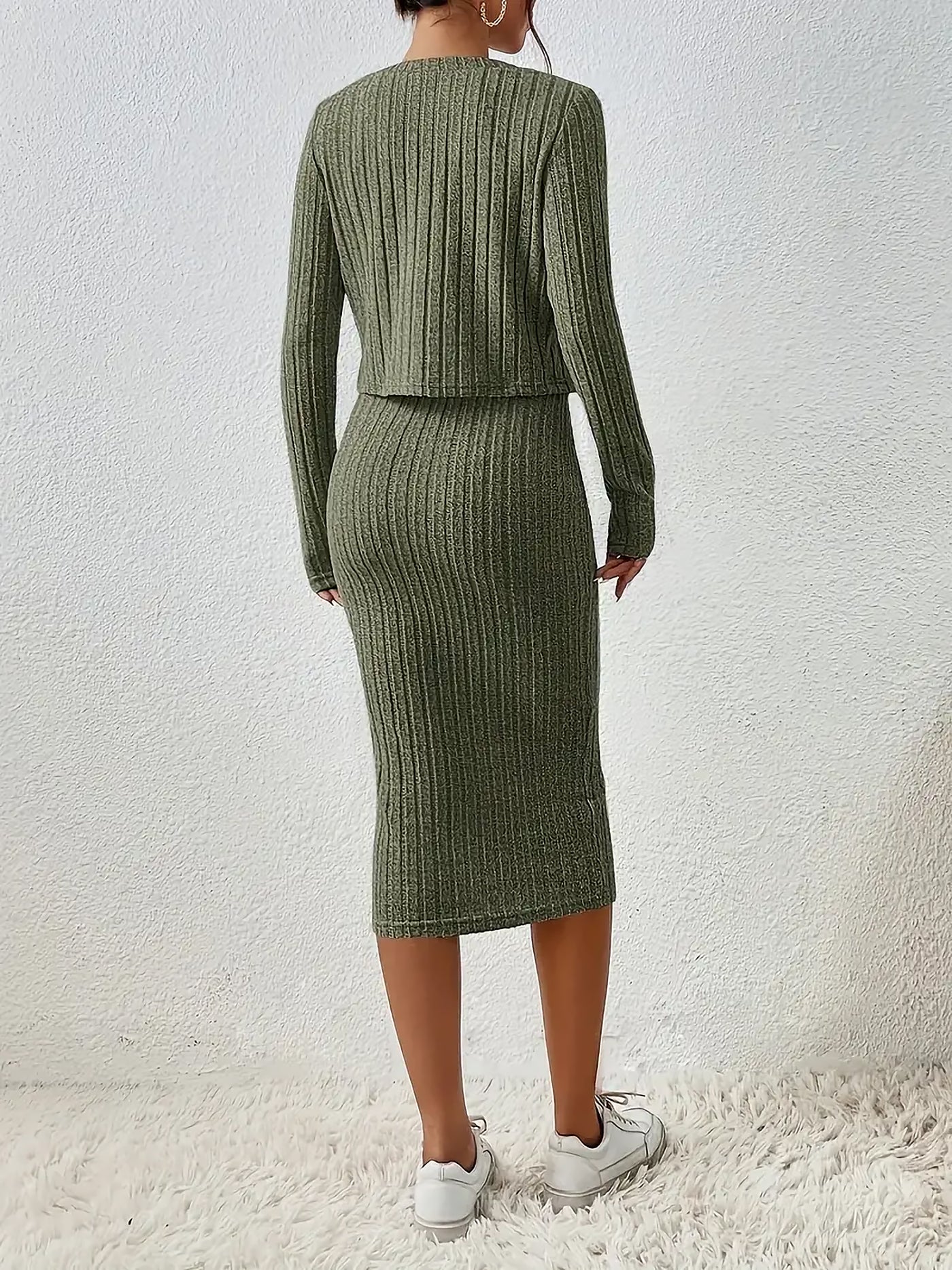 Allegra K 2 Pieces Sleeveless Bodycon Midi Sweater Dress & Long Sleeves Cropped Cardigan Sets