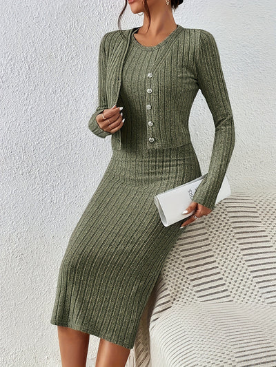 2 Pieces Sleeveless Bodycon Midi Sweater Dress & Long Sleeves Cropped Cardigan Sets