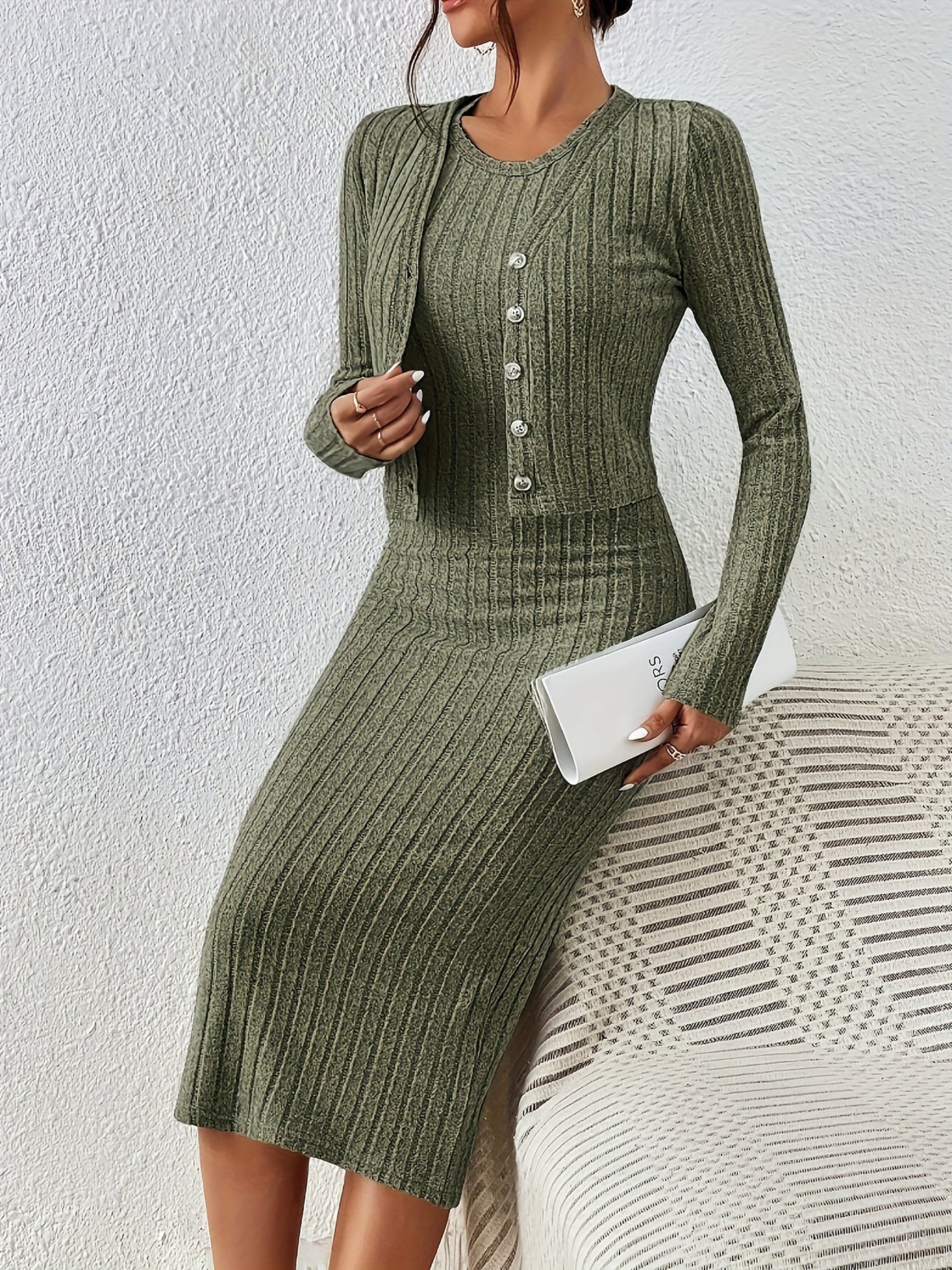 Allegra K 2 Pieces Sleeveless Bodycon Midi Sweater Dress & Long Sleeves Cropped Cardigan Sets