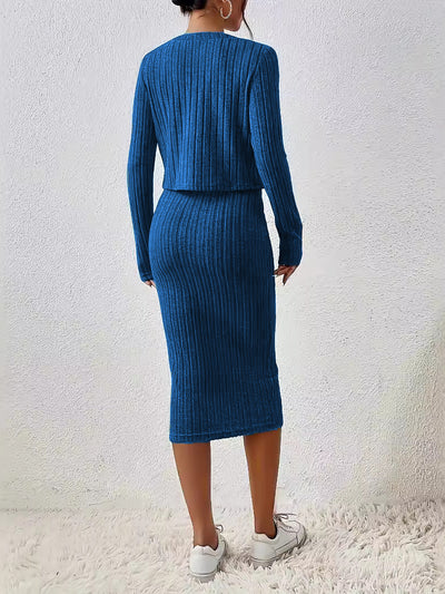 2 Pieces Sleeveless Bodycon Midi Sweater Dress & Long Sleeves Cropped Cardigan Sets