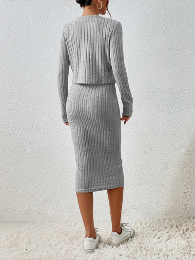 2 Pieces Sleeveless Bodycon Midi Sweater Dress & Long Sleeves Cropped Cardigan Sets