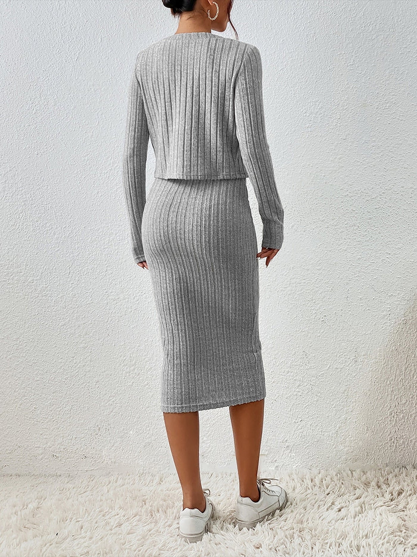 Allegra K 2 Pieces Sleeveless Bodycon Midi Sweater Dress & Long Sleeves Cropped Cardigan Sets