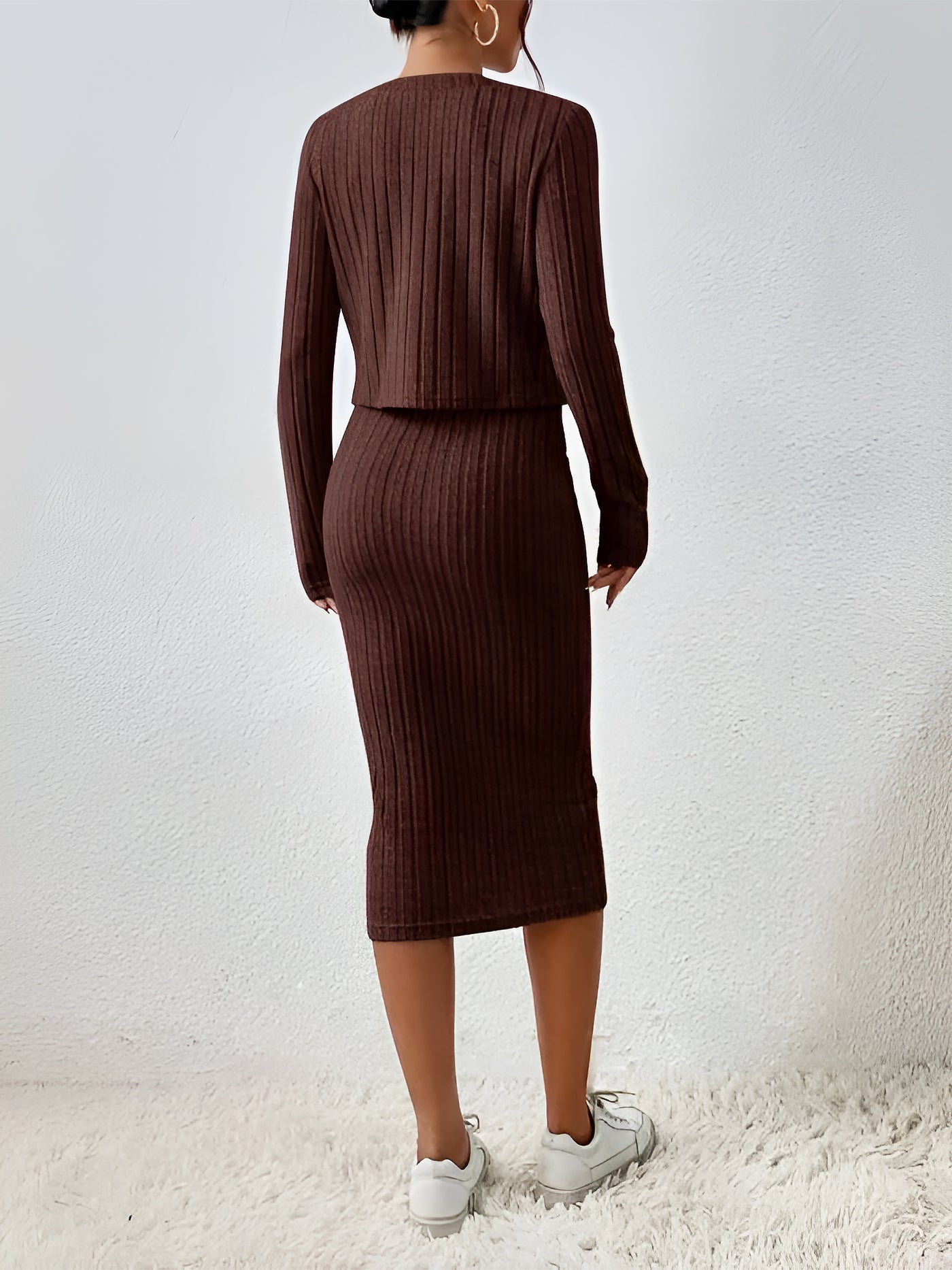 Allegra K 2 Pieces Sleeveless Bodycon Midi Sweater Dress & Long Sleeves Cropped Cardigan Sets