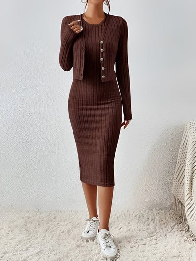 2 Pieces Sleeveless Bodycon Midi Sweater Dress & Long Sleeves Cropped Cardigan Sets