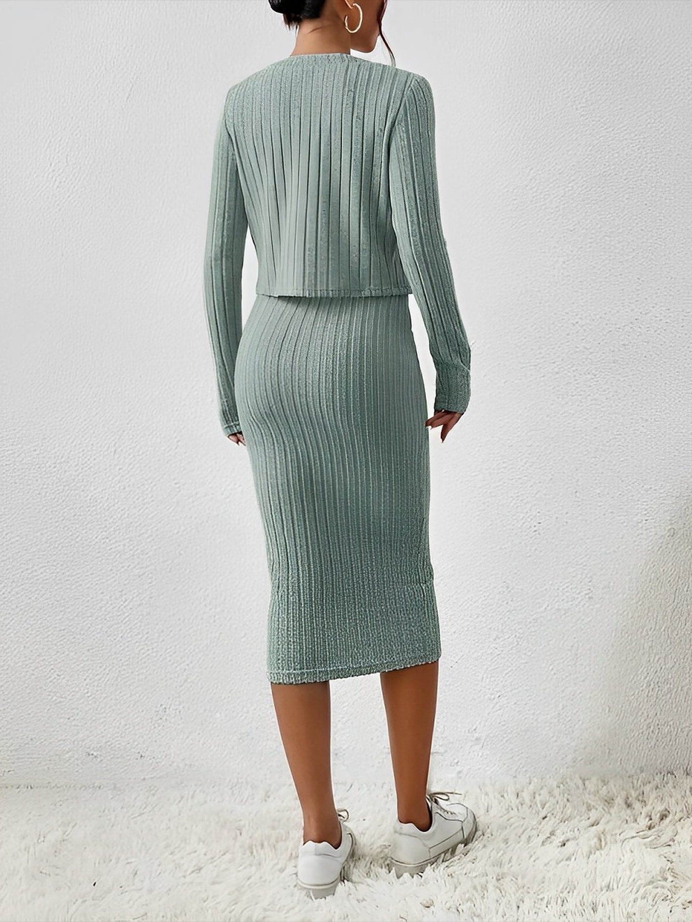 Allegra K 2 Pieces Sleeveless Bodycon Midi Sweater Dress & Long Sleeves Cropped Cardigan Sets