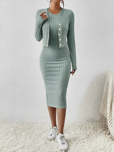 2 Pieces Sleeveless Bodycon Midi Sweater Dress & Long Sleeves Cropped Cardigan Sets