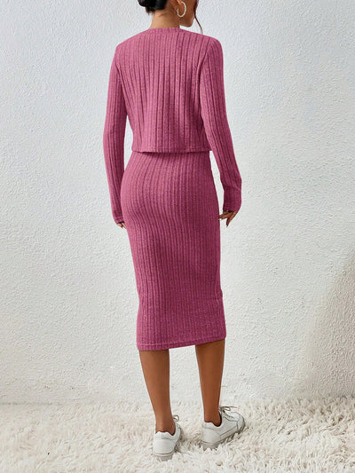 2 Pieces Sleeveless Bodycon Midi Sweater Dress & Long Sleeves Cropped Cardigan Sets