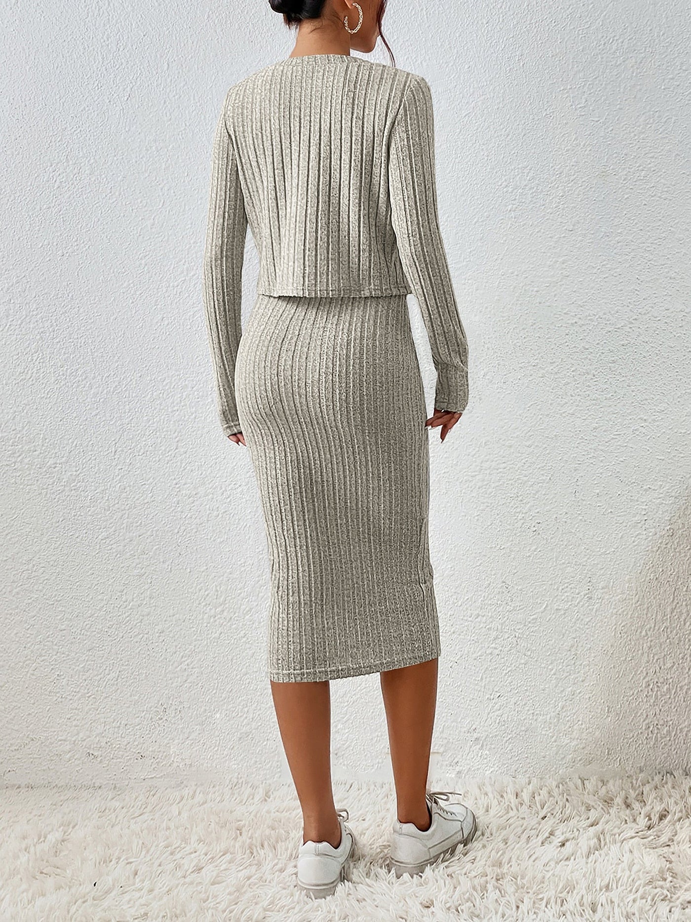 Allegra K 2 Pieces Sleeveless Bodycon Midi Sweater Dress & Long Sleeves Cropped Cardigan Sets