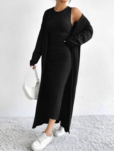 2 Pieces Sleeveless Maxi Slit Sweater Dress & Ribbed Knit Long Cardigan Set