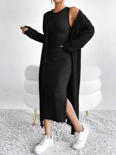 2 Pieces Sleeveless Maxi Slit Sweater Dress & Ribbed Knit Long Cardigan Set