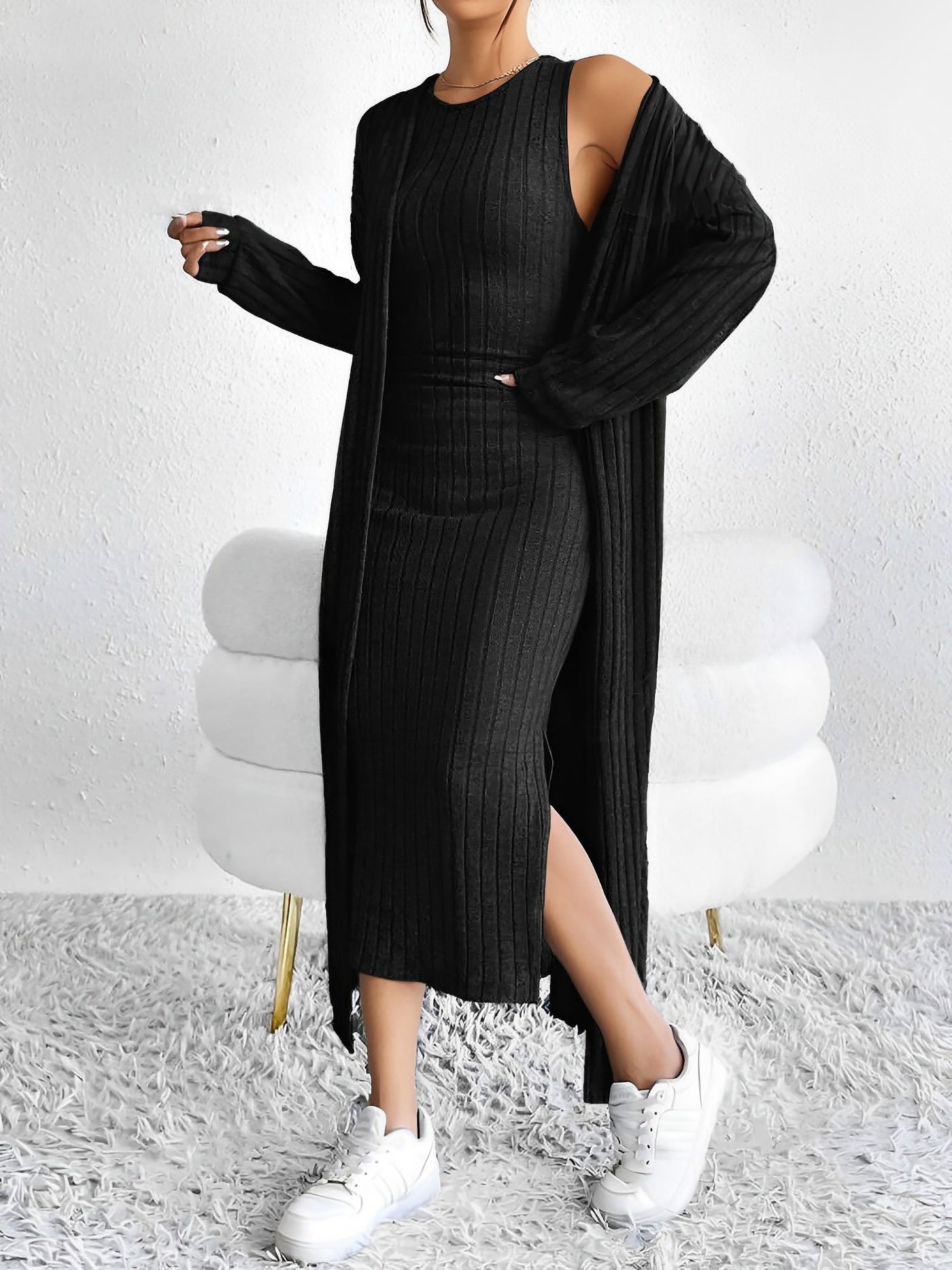 Allegra K 2 Pieces Sleeveless Maxi Slit Sweater Dress & Ribbed Knit Long Cardigan Set