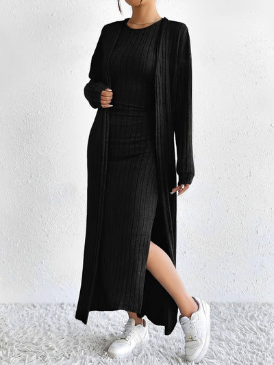 2 Pieces Sleeveless Maxi Slit Sweater Dress & Ribbed Knit Long Cardigan Set