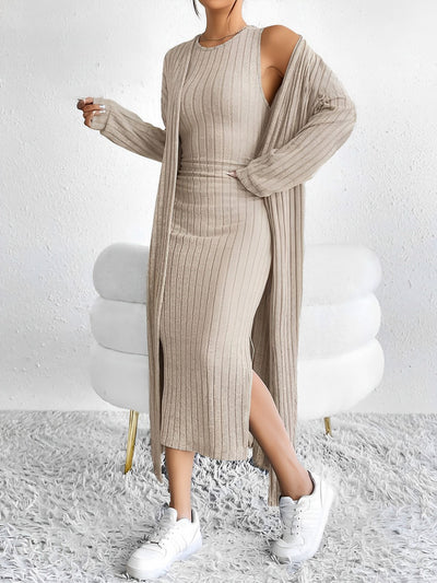 2 Pieces Sleeveless Maxi Slit Sweater Dress & Ribbed Knit Long Cardigan Set