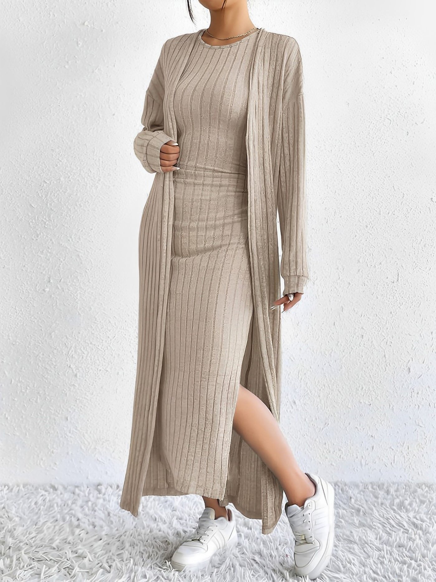 Allegra K 2 Pieces Sleeveless Maxi Slit Sweater Dress & Ribbed Knit Long Cardigan Set