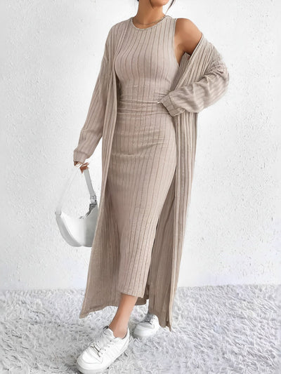 2 Pieces Sleeveless Maxi Slit Sweater Dress & Ribbed Knit Long Cardigan Set