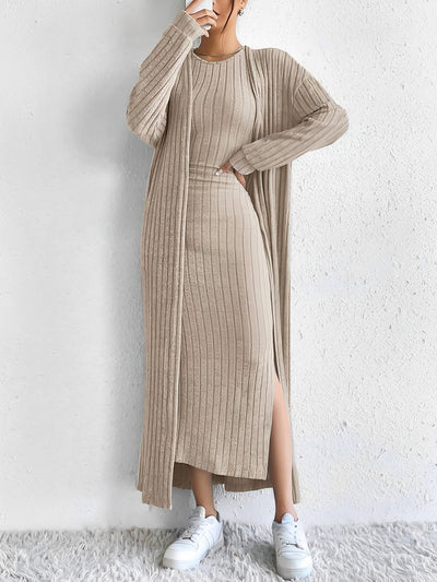 2 Pieces Sleeveless Maxi Slit Sweater Dress & Ribbed Knit Long Cardigan Set