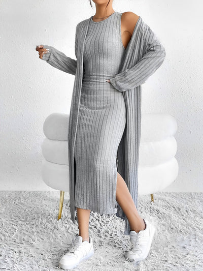 2 Pieces Sleeveless Maxi Slit Sweater Dress & Ribbed Knit Long Cardigan Set