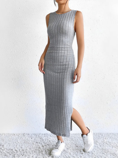 2 Pieces Sleeveless Maxi Slit Sweater Dress & Ribbed Knit Long Cardigan Set