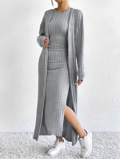 2 Pieces Sleeveless Maxi Slit Sweater Dress & Ribbed Knit Long Cardigan Set