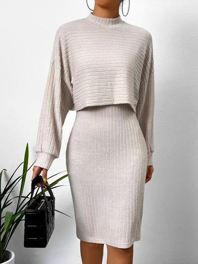 2 Pieces Sleeveless Midi Sheath Sweater Dress & Mock Neck Cropped Knit Top Set