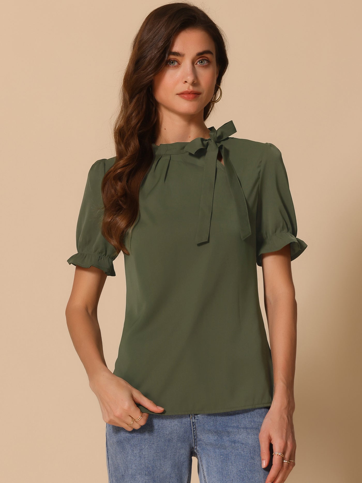 Allegra K Bow Tie Neck Tops Elegant Office Short Sleeve Blouse