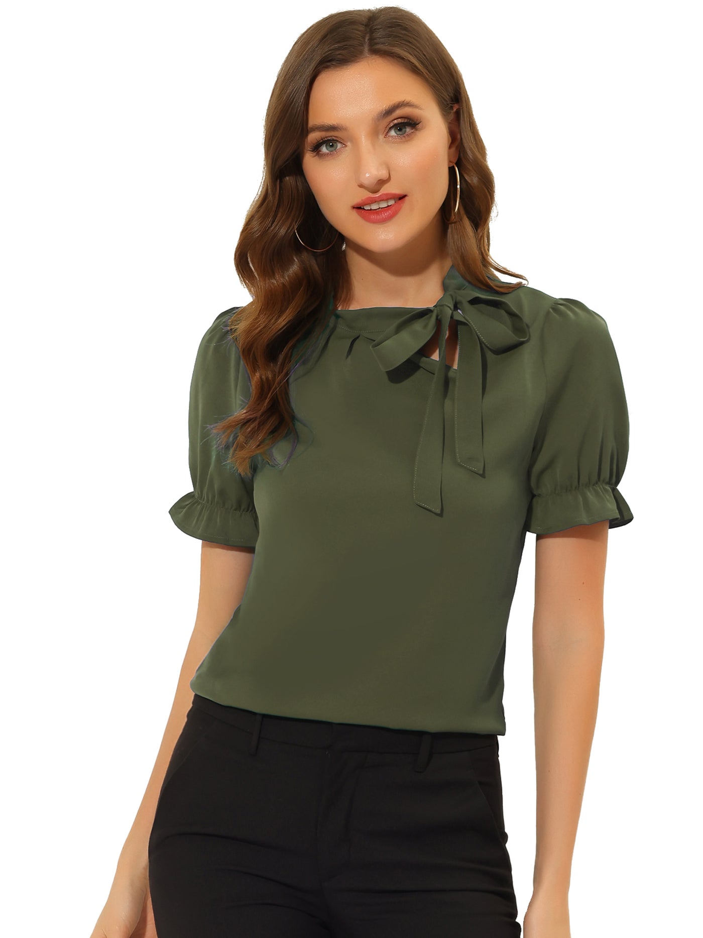 Allegra K Bow Tie Neck Tops Elegant Office Short Sleeve Blouse