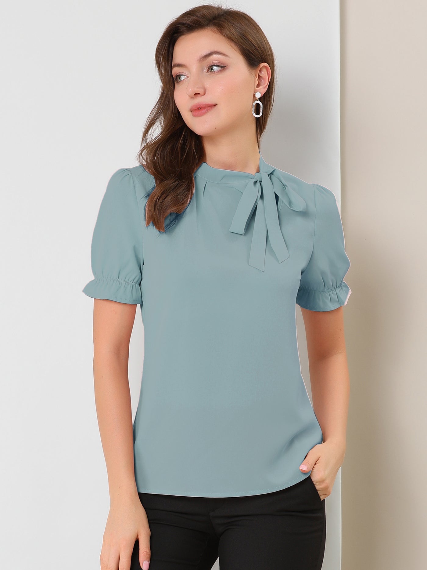 Allegra K Bow Tie Neck Tops Elegant Office Short Sleeve Blouse