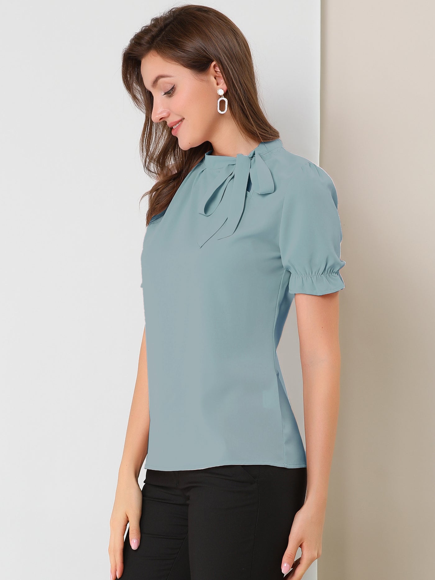 Allegra K Bow Tie Neck Tops Elegant Office Short Sleeve Blouse