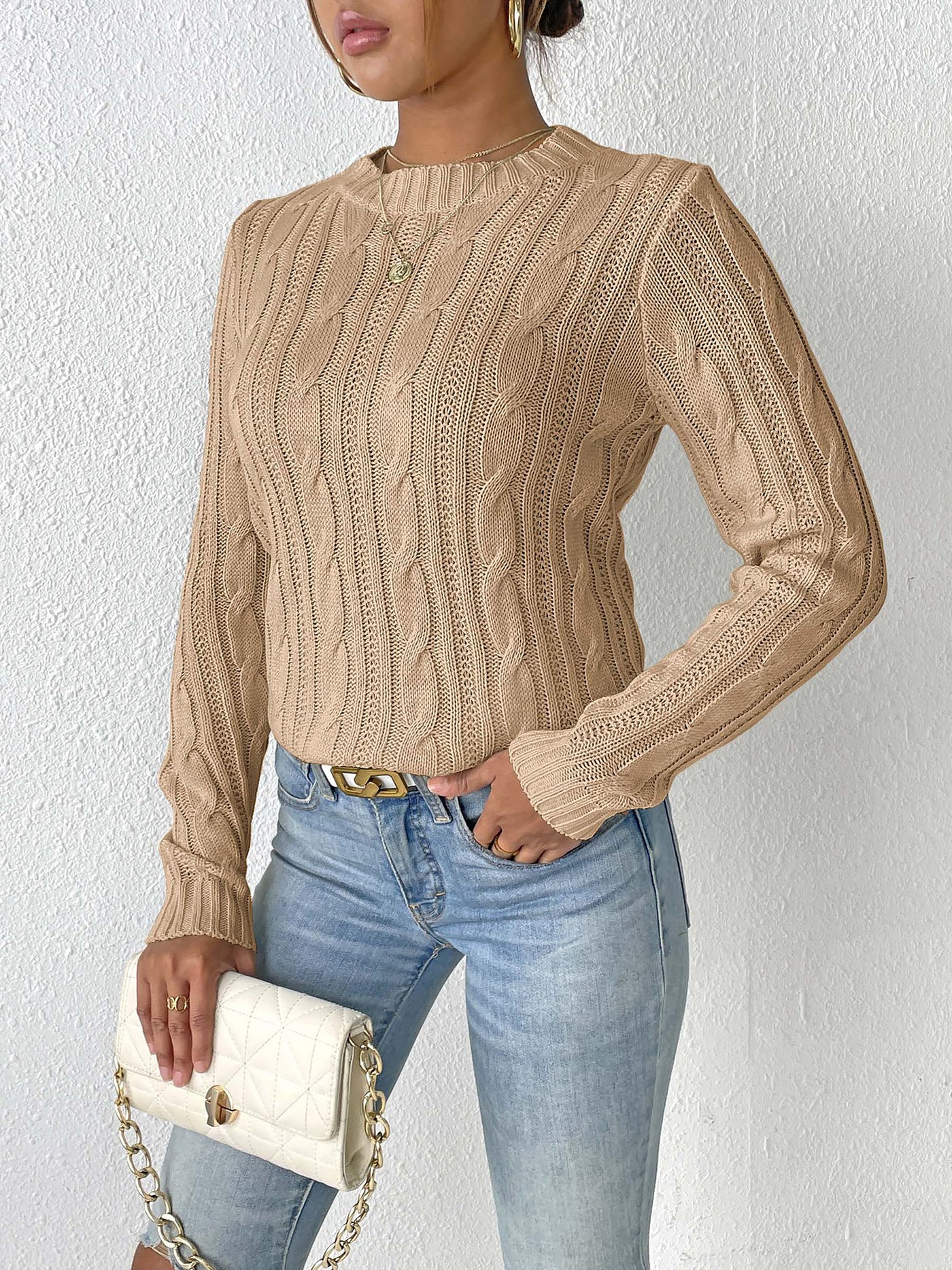 Allegra K Twist Knit Solid Color Pullover Casual Sweater