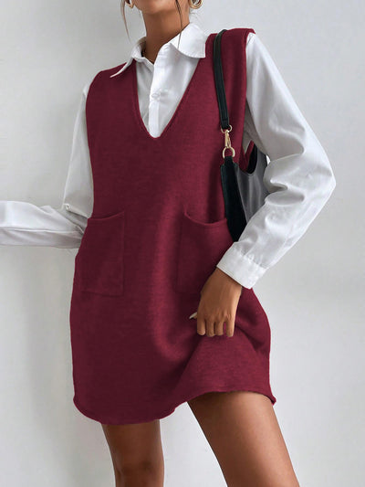 V Neck Sleeveless Pocketed Knit Mini Sweater Dress