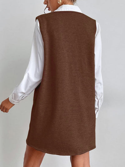 V Neck Sleeveless Pocketed Knit Mini Sweater Dress