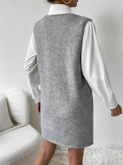 V Neck Sleeveless Pocketed Knit Mini Sweater Dress