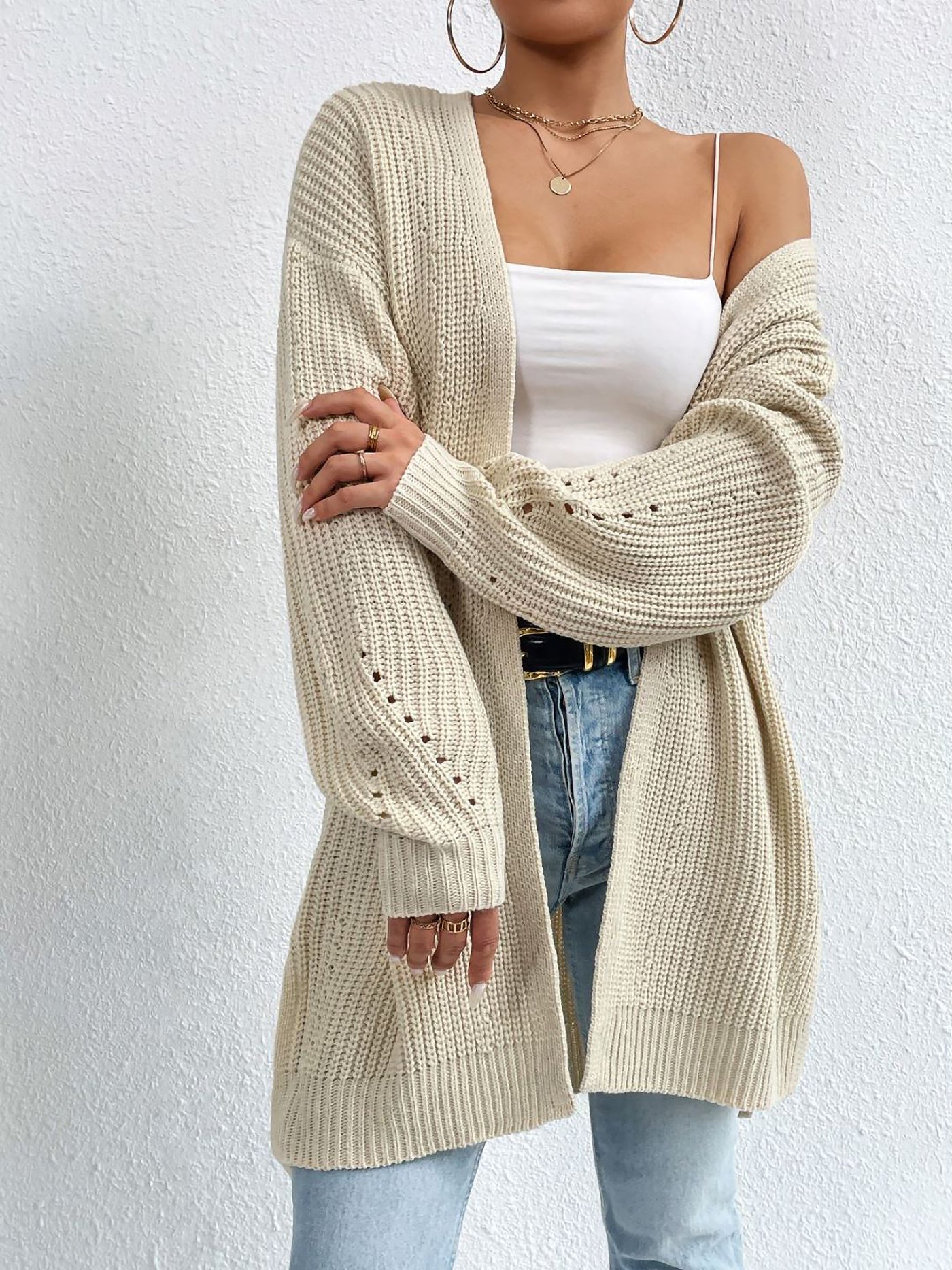 Allegra K Solid Color Long Sleeves Ribbed Knit Cardigan