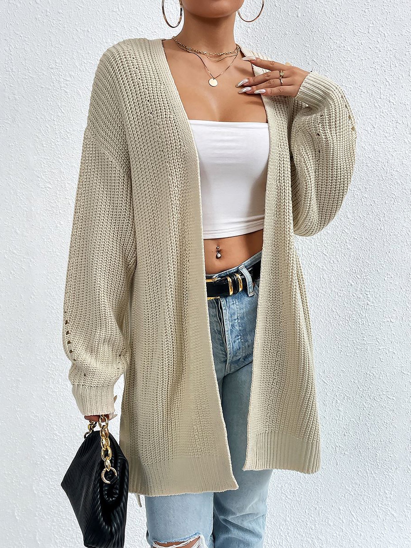 Allegra K Solid Color Long Sleeves Ribbed Knit Cardigan