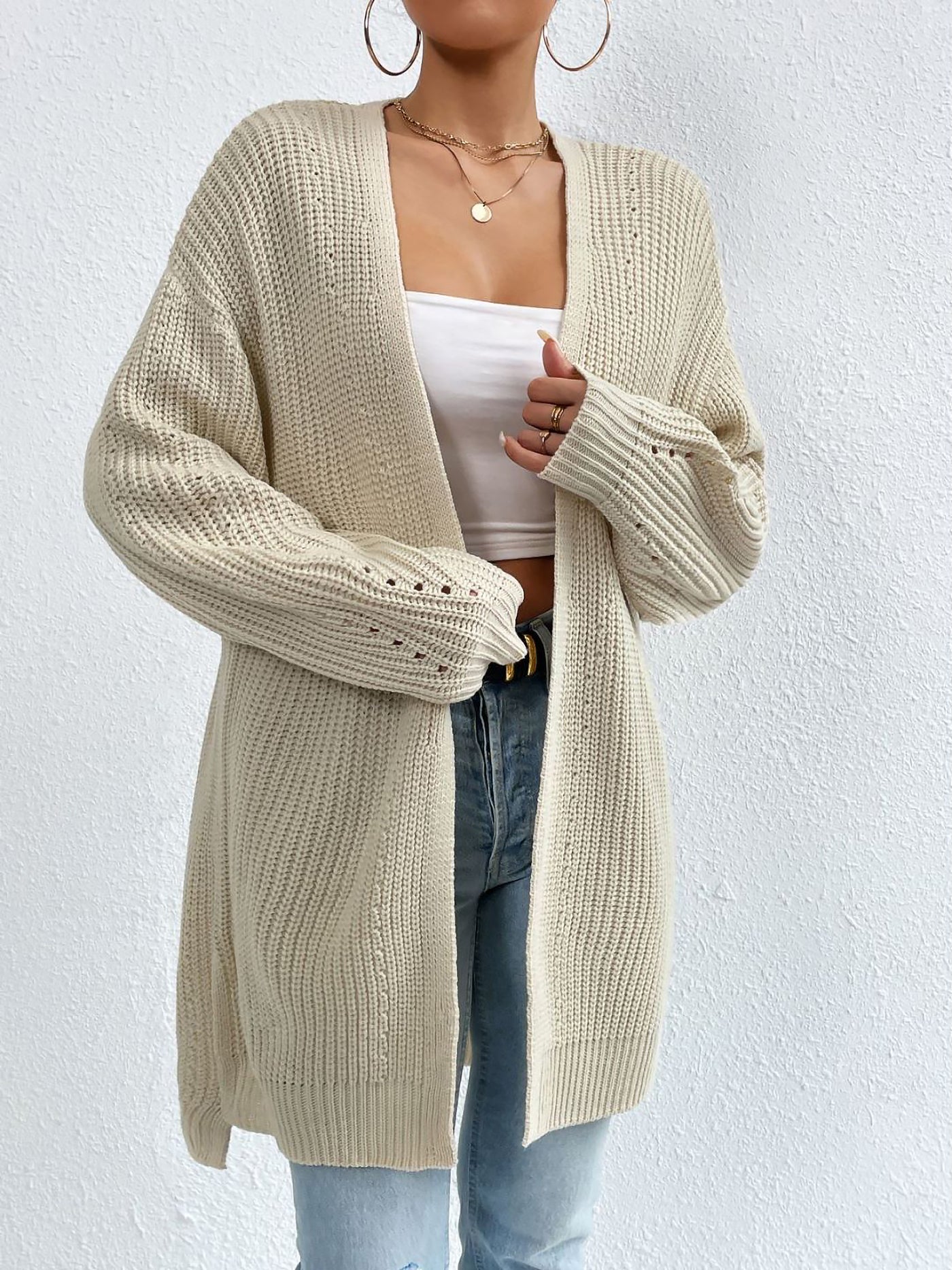 Allegra K Solid Color Long Sleeves Ribbed Knit Cardigan